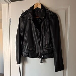 Zara women’s size L Black Faux Leather Moto Jacket with Zip Pockets